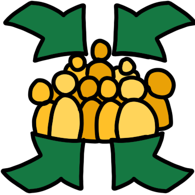 a dark green arrow points from each corner to a large group of figures who are different shades of yellow.